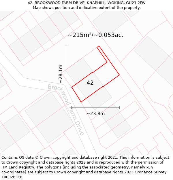 42, BROOKWOOD FARM DRIVE, KNAPHILL, WOKING, GU21 2FW: Plot and title map