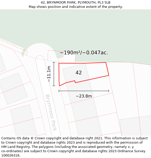 42, BRYNMOOR PARK, PLYMOUTH, PL3 5LB: Plot and title map