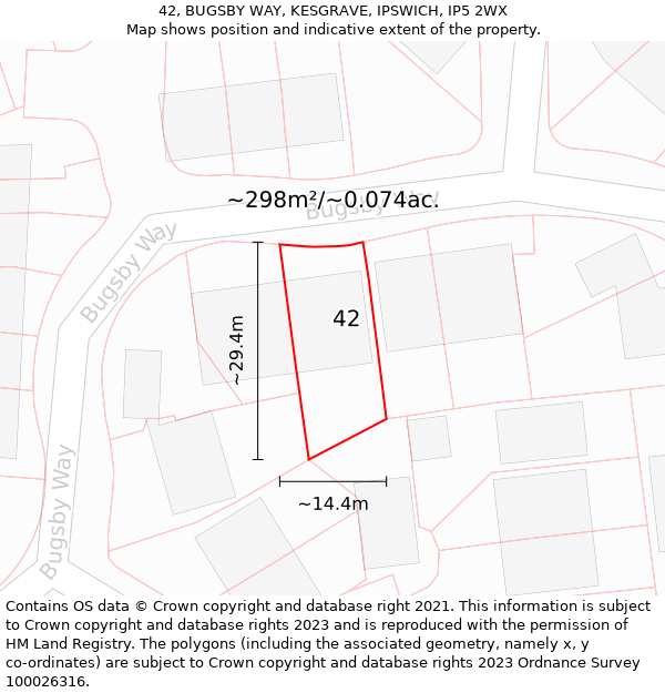 42, BUGSBY WAY, KESGRAVE, IPSWICH, IP5 2WX: Plot and title map