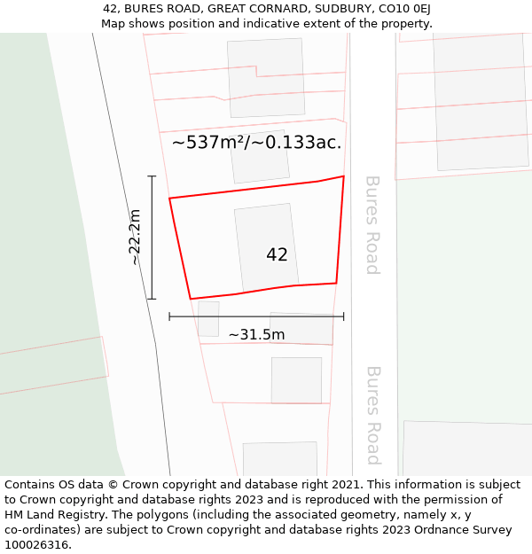 42, BURES ROAD, GREAT CORNARD, SUDBURY, CO10 0EJ: Plot and title map