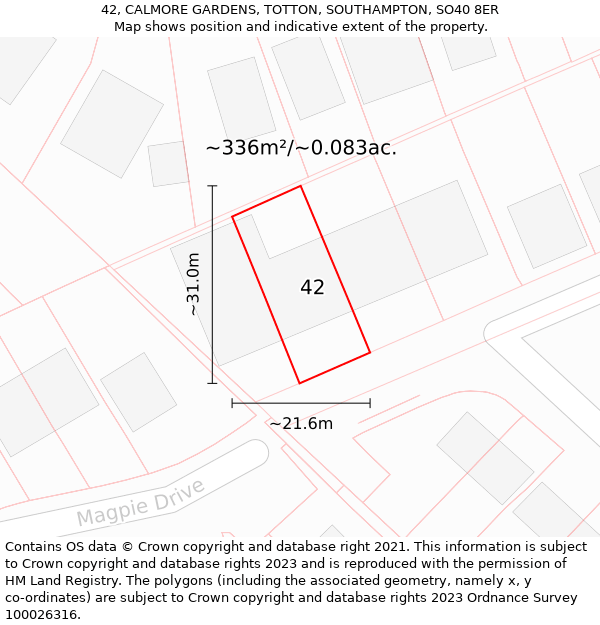 42, CALMORE GARDENS, TOTTON, SOUTHAMPTON, SO40 8ER: Plot and title map