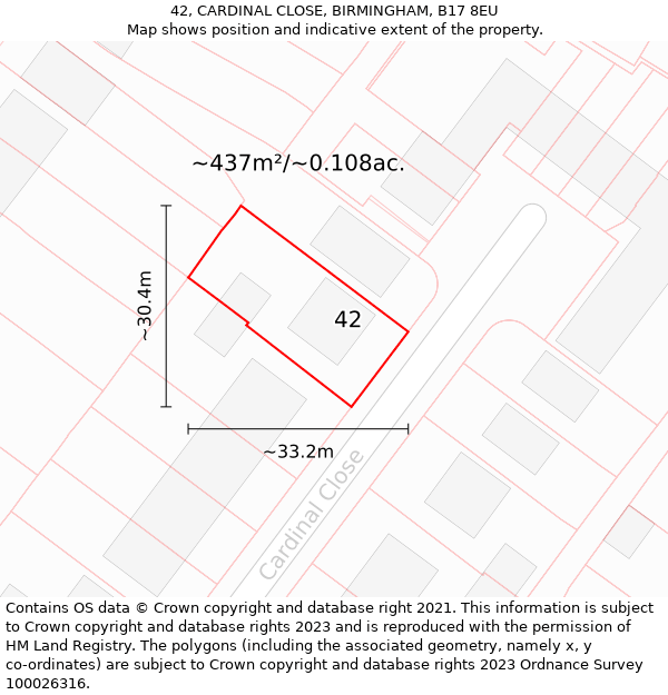 42, CARDINAL CLOSE, BIRMINGHAM, B17 8EU: Plot and title map