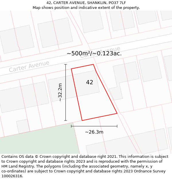 42, CARTER AVENUE, SHANKLIN, PO37 7LF: Plot and title map