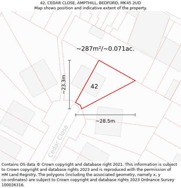 42, CEDAR CLOSE, AMPTHILL, BEDFORD, MK45 2UD: Plot and title map