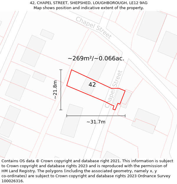 42, CHAPEL STREET, SHEPSHED, LOUGHBOROUGH, LE12 9AG: Plot and title map