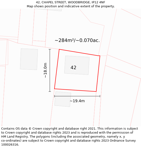 42, CHAPEL STREET, WOODBRIDGE, IP12 4NF: Plot and title map