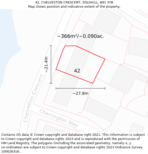 42, CHELVESTON CRESCENT, SOLIHULL, B91 3YB: Plot and title map