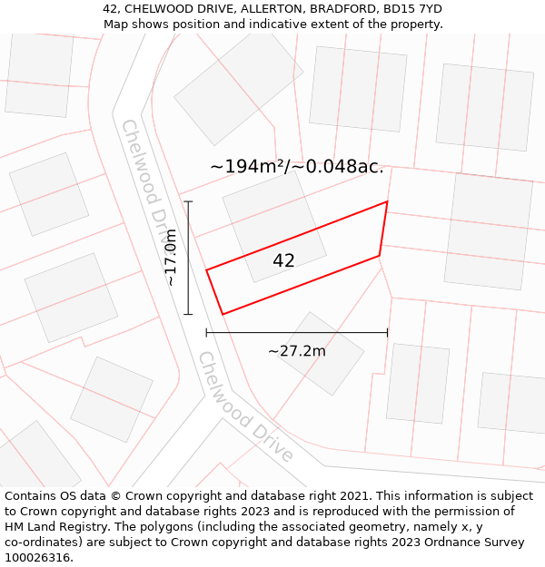 42, CHELWOOD DRIVE, ALLERTON, BRADFORD, BD15 7YD: Plot and title map