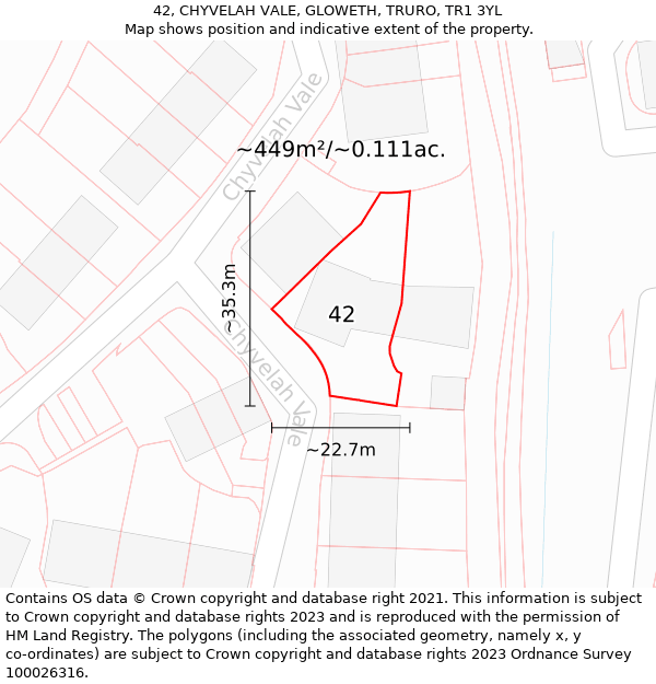 42, CHYVELAH VALE, GLOWETH, TRURO, TR1 3YL: Plot and title map