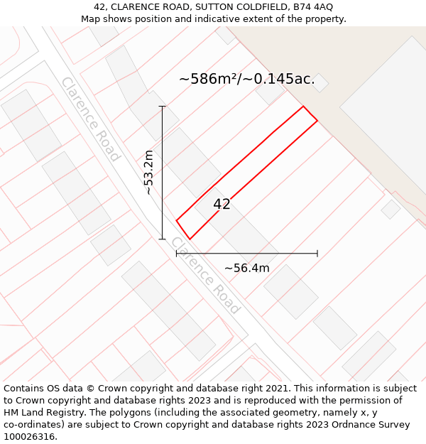 42, CLARENCE ROAD, SUTTON COLDFIELD, B74 4AQ: Plot and title map