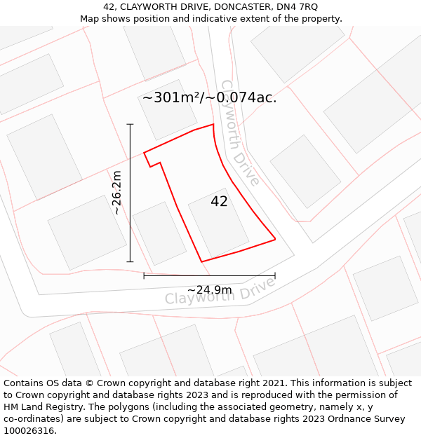 42, CLAYWORTH DRIVE, DONCASTER, DN4 7RQ: Plot and title map