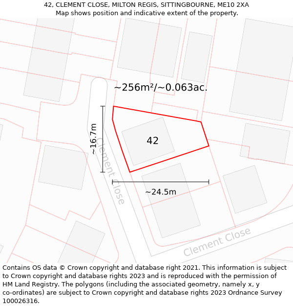 42, CLEMENT CLOSE, MILTON REGIS, SITTINGBOURNE, ME10 2XA: Plot and title map