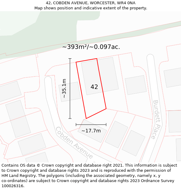 42, COBDEN AVENUE, WORCESTER, WR4 0NA: Plot and title map