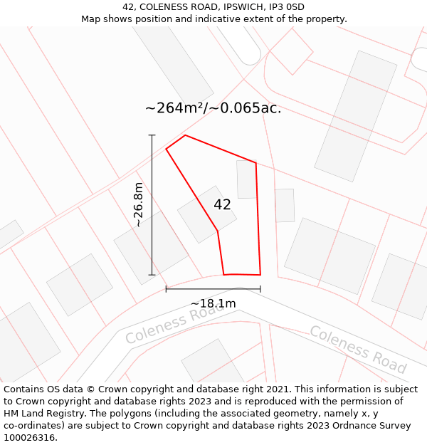 42, COLENESS ROAD, IPSWICH, IP3 0SD: Plot and title map