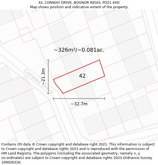 42, CONWAY DRIVE, BOGNOR REGIS, PO21 4XD: Plot and title map