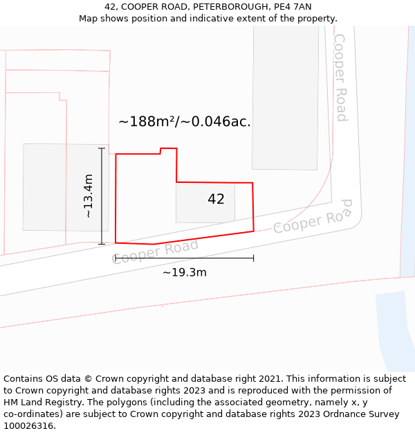 42, COOPER ROAD, PETERBOROUGH, PE4 7AN: Plot and title map