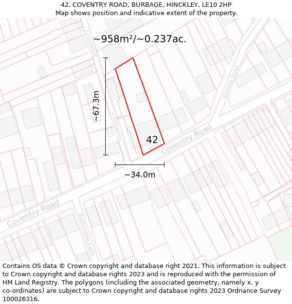 42, COVENTRY ROAD, BURBAGE, HINCKLEY, LE10 2HP: Plot and title map