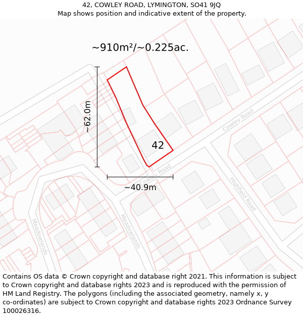 42, COWLEY ROAD, LYMINGTON, SO41 9JQ: Plot and title map