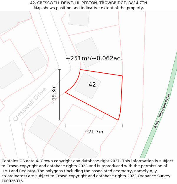 42, CRESSWELL DRIVE, HILPERTON, TROWBRIDGE, BA14 7TN: Plot and title map