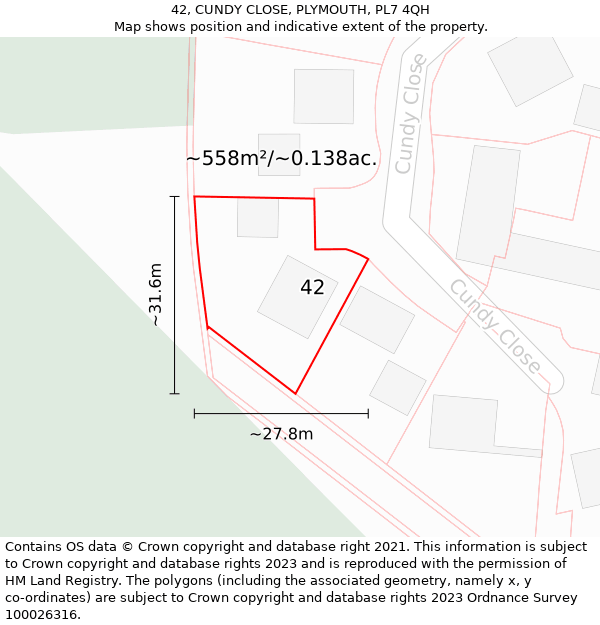 42, CUNDY CLOSE, PLYMOUTH, PL7 4QH: Plot and title map