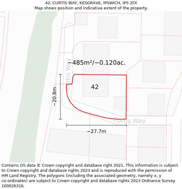 42, CURTIS WAY, KESGRAVE, IPSWICH, IP5 2FX: Plot and title map