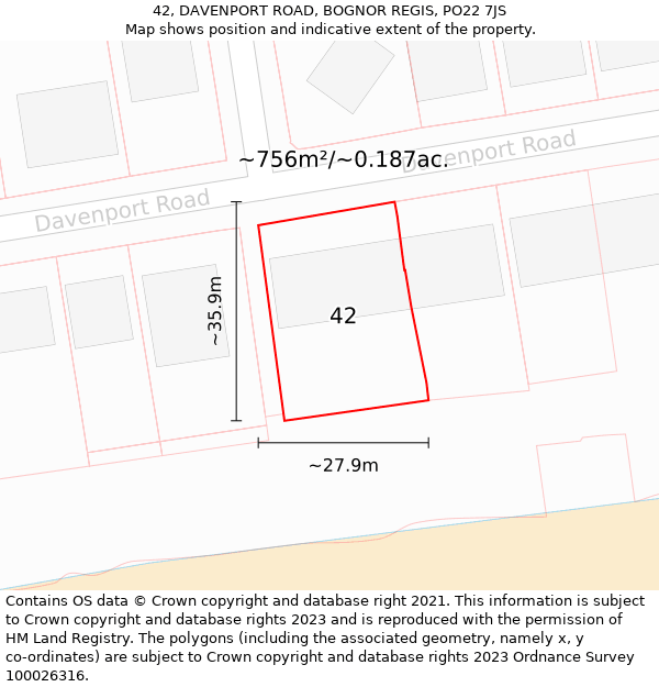 42, DAVENPORT ROAD, BOGNOR REGIS, PO22 7JS: Plot and title map