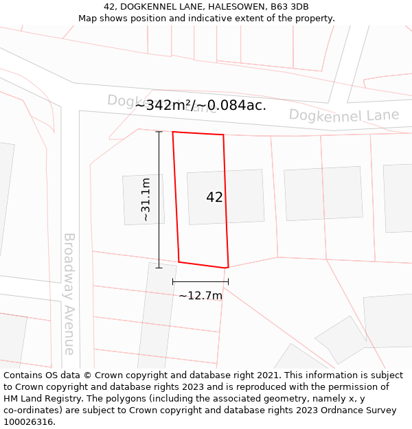 42, DOGKENNEL LANE, HALESOWEN, B63 3DB: Plot and title map