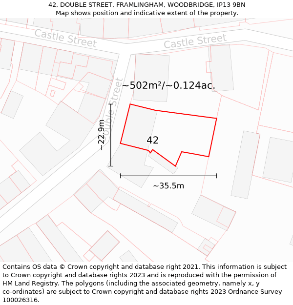 42, DOUBLE STREET, FRAMLINGHAM, WOODBRIDGE, IP13 9BN: Plot and title map