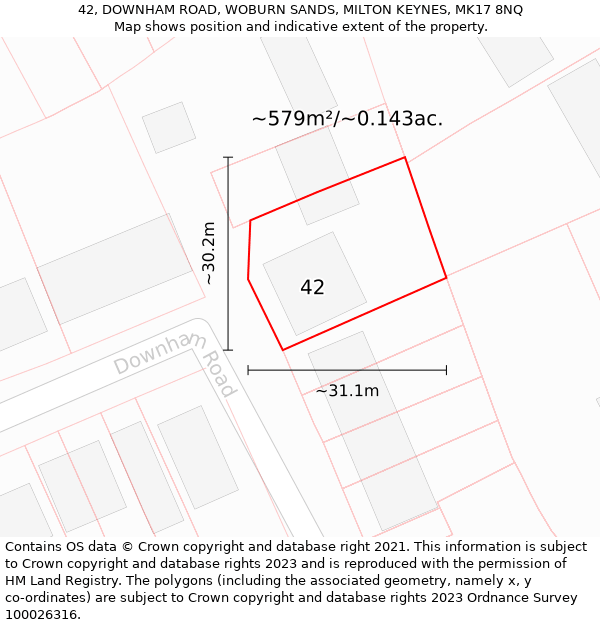 42, DOWNHAM ROAD, WOBURN SANDS, MILTON KEYNES, MK17 8NQ: Plot and title map