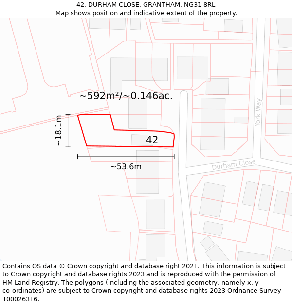 42, DURHAM CLOSE, GRANTHAM, NG31 8RL: Plot and title map