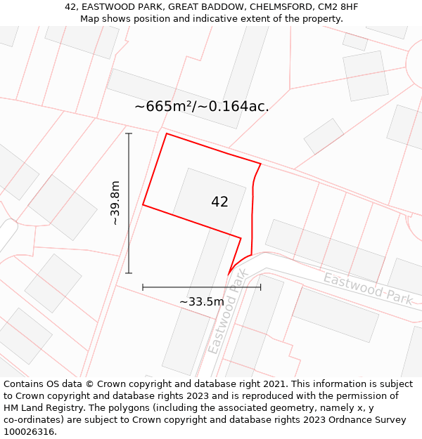 42, EASTWOOD PARK, GREAT BADDOW, CHELMSFORD, CM2 8HF: Plot and title map