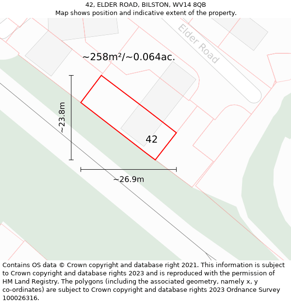 42, ELDER ROAD, BILSTON, WV14 8QB: Plot and title map