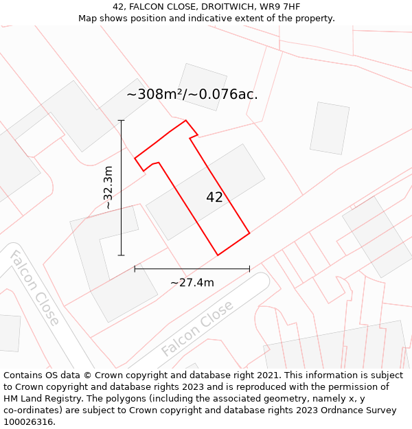 42, FALCON CLOSE, DROITWICH, WR9 7HF: Plot and title map