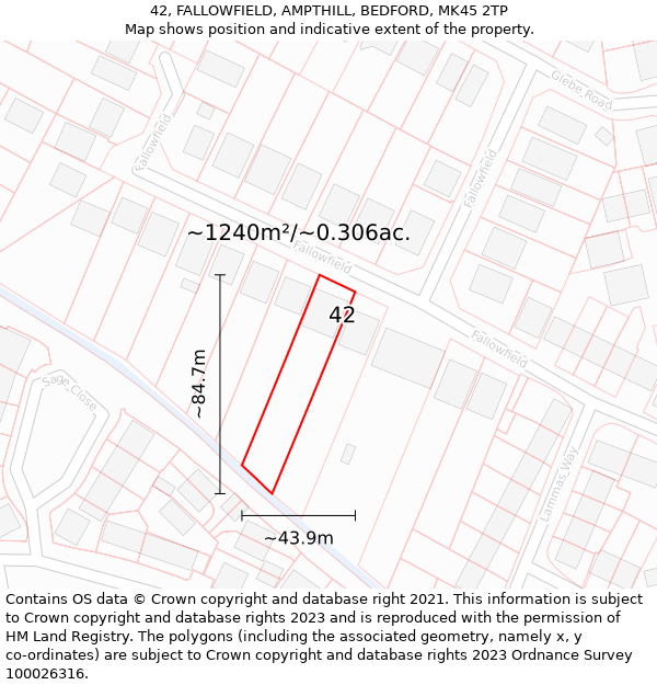 42, FALLOWFIELD, AMPTHILL, BEDFORD, MK45 2TP: Plot and title map