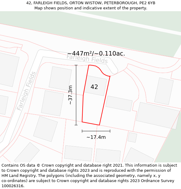 42, FARLEIGH FIELDS, ORTON WISTOW, PETERBOROUGH, PE2 6YB: Plot and title map