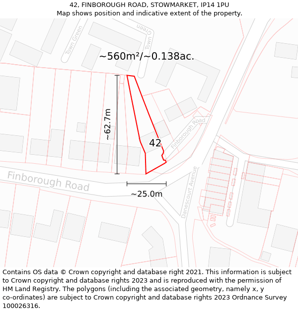 42, FINBOROUGH ROAD, STOWMARKET, IP14 1PU: Plot and title map