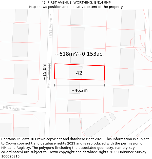 42, FIRST AVENUE, WORTHING, BN14 9NP: Plot and title map