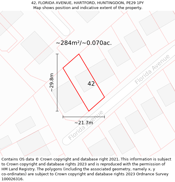 42, FLORIDA AVENUE, HARTFORD, HUNTINGDON, PE29 1PY: Plot and title map