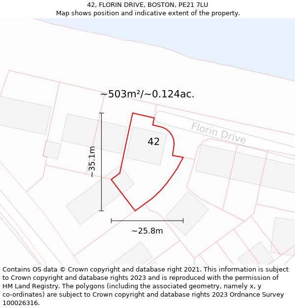 42, FLORIN DRIVE, BOSTON, PE21 7LU: Plot and title map