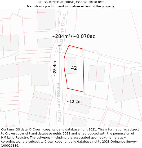 42, FOLKESTONE DRIVE, CORBY, NN18 8GZ: Plot and title map