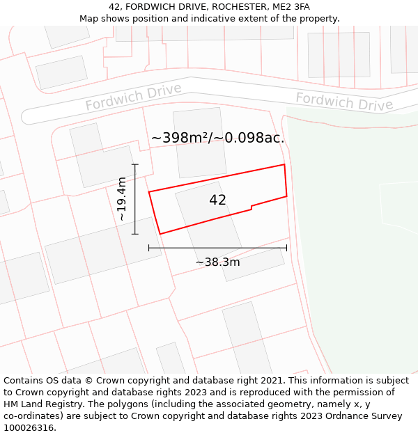 42, FORDWICH DRIVE, ROCHESTER, ME2 3FA: Plot and title map