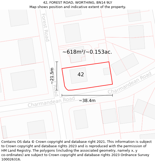 42, FOREST ROAD, WORTHING, BN14 9LY: Plot and title map