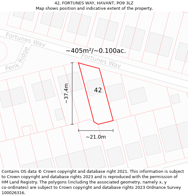 42, FORTUNES WAY, HAVANT, PO9 3LZ: Plot and title map