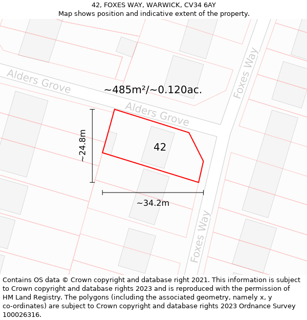 42, FOXES WAY, WARWICK, CV34 6AY: Plot and title map