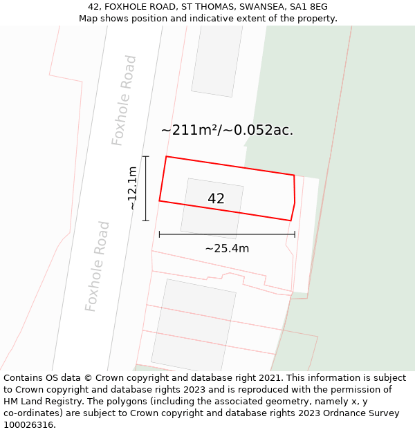 42, FOXHOLE ROAD, ST THOMAS, SWANSEA, SA1 8EG: Plot and title map