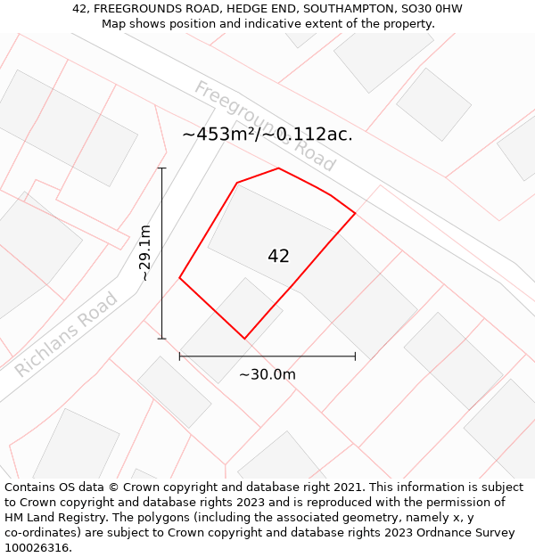 42, FREEGROUNDS ROAD, HEDGE END, SOUTHAMPTON, SO30 0HW: Plot and title map