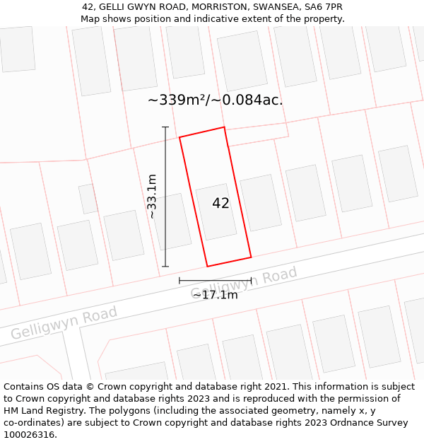 42, GELLI GWYN ROAD, MORRISTON, SWANSEA, SA6 7PR: Plot and title map