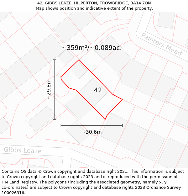 42, GIBBS LEAZE, HILPERTON, TROWBRIDGE, BA14 7QN: Plot and title map