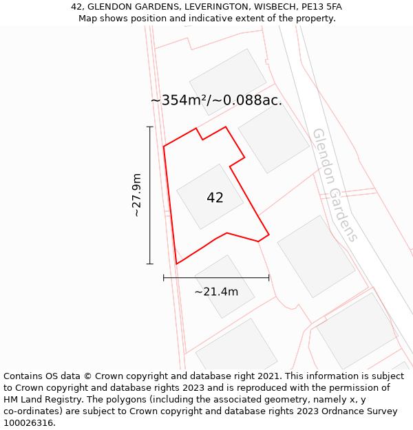 42, GLENDON GARDENS, LEVERINGTON, WISBECH, PE13 5FA: Plot and title map