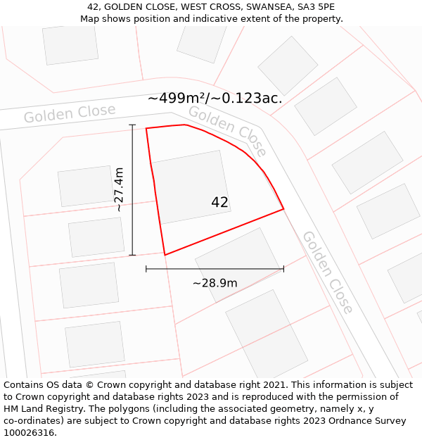 42, GOLDEN CLOSE, WEST CROSS, SWANSEA, SA3 5PE: Plot and title map